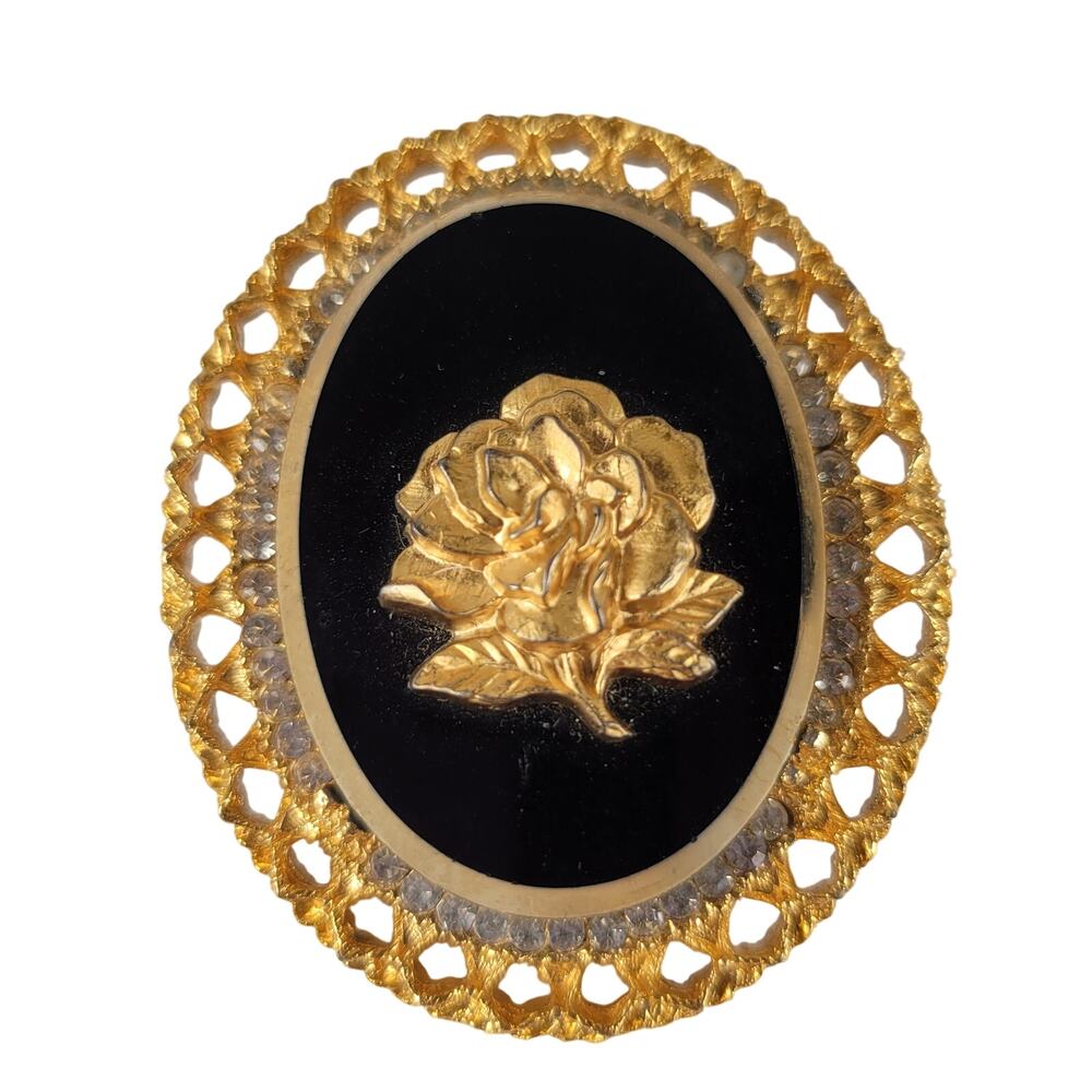 Vintage Gold Tone Rose Brooch Pin Pendant Black Oval 2.1"x1.75" Jewelry